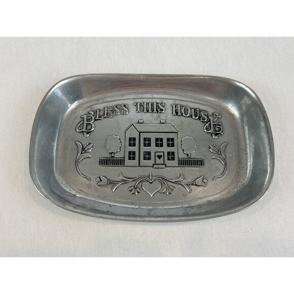 Bless This House Decorative RWP Pewter Tray 9x6.5 Heart House Design - Picture 1 of 10